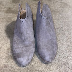 Grey suede open back heeled boots